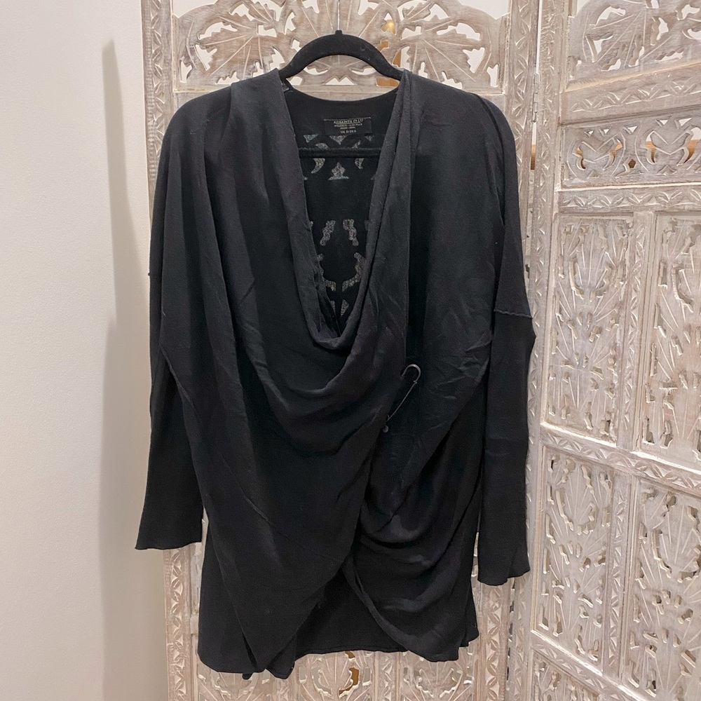 Draped black lightweight All Saints sweater w/ unique metal safety pin detail